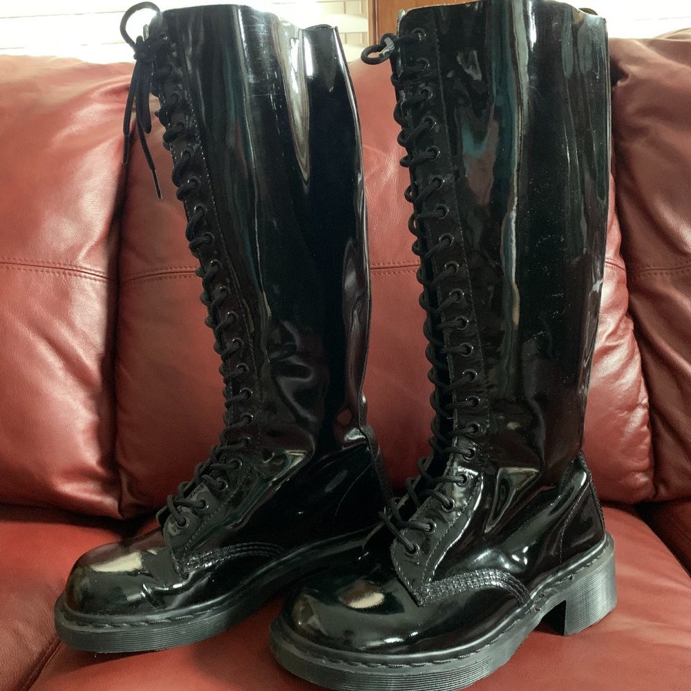 Dr. Martens Black Patent Leather Lace-Up Knee Boots